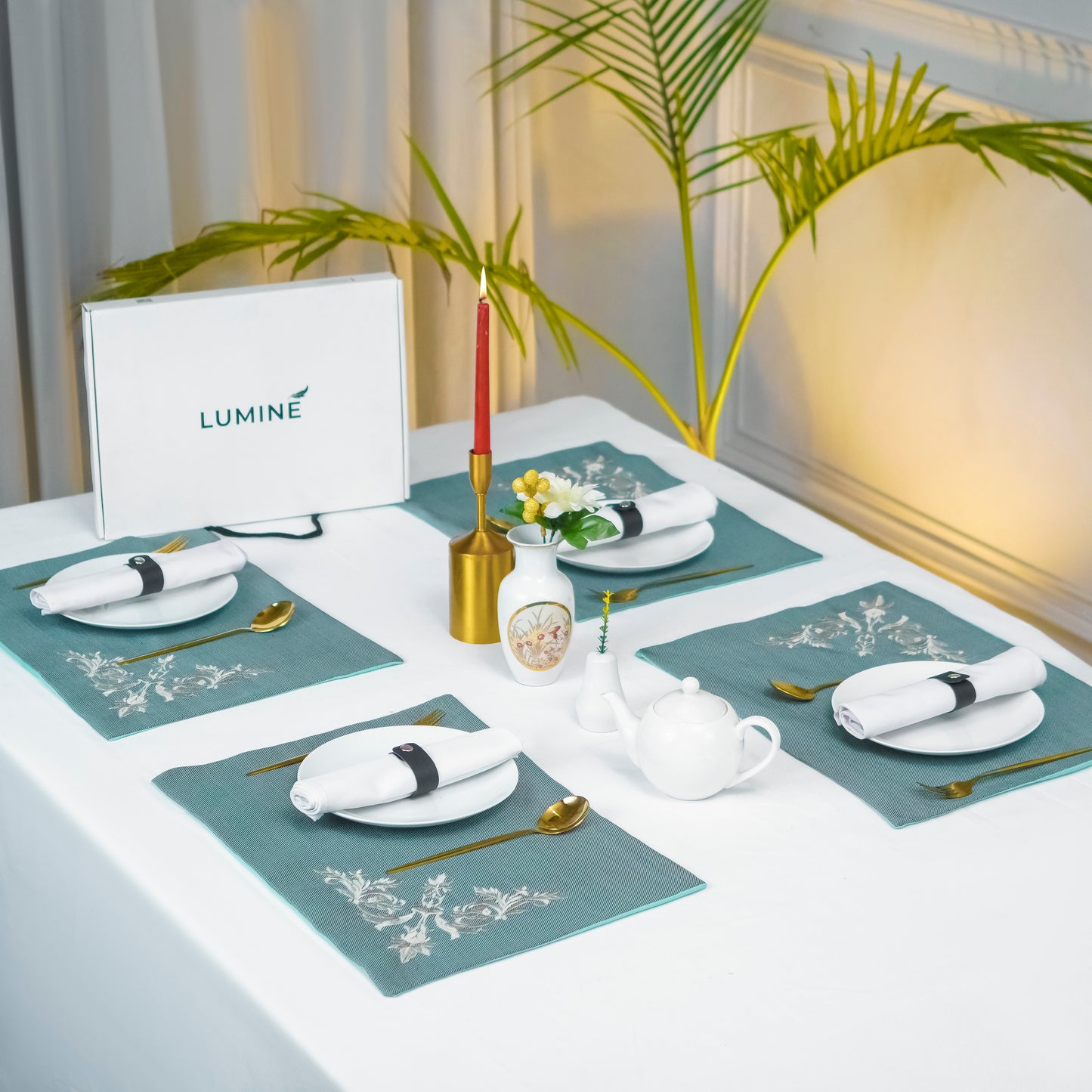 Floral Teal Ferozi Jute Embroidered Mats