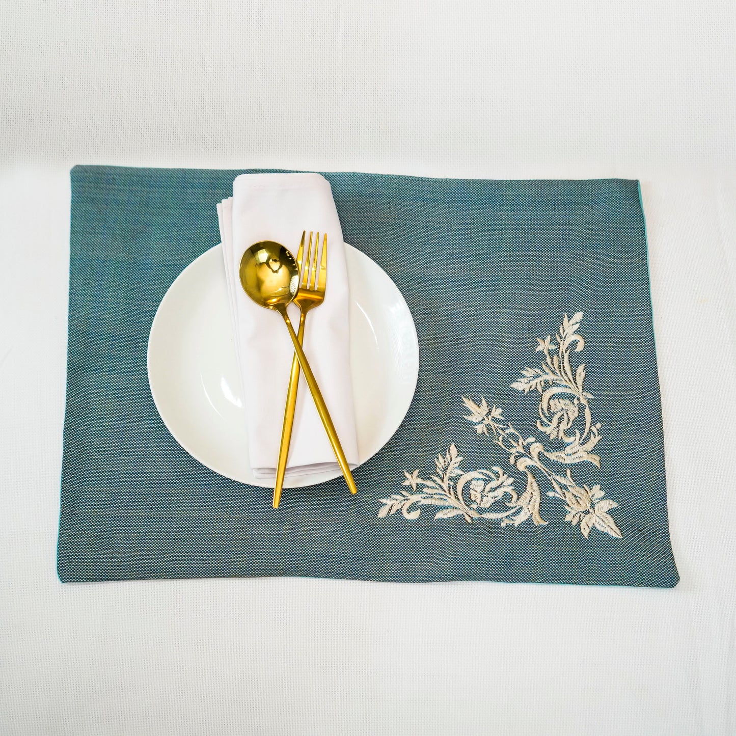 Floral Teal Ferozi Jute Embroidered Mats