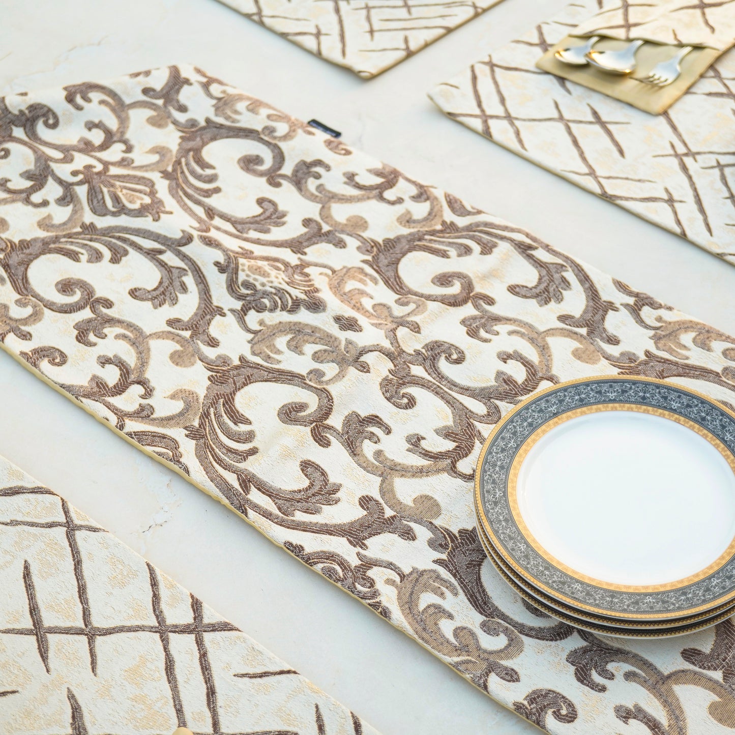 Imperial Brocade Mocha Gold Table Set